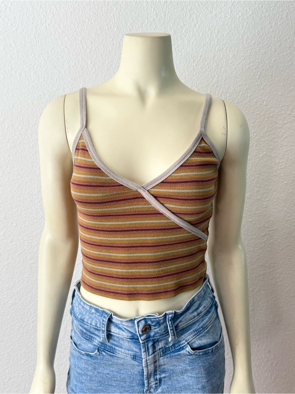 Me to We Striped faux Wrap Front Cami Tank Top Ribbed Knit Boho Crop Earthy Sz M